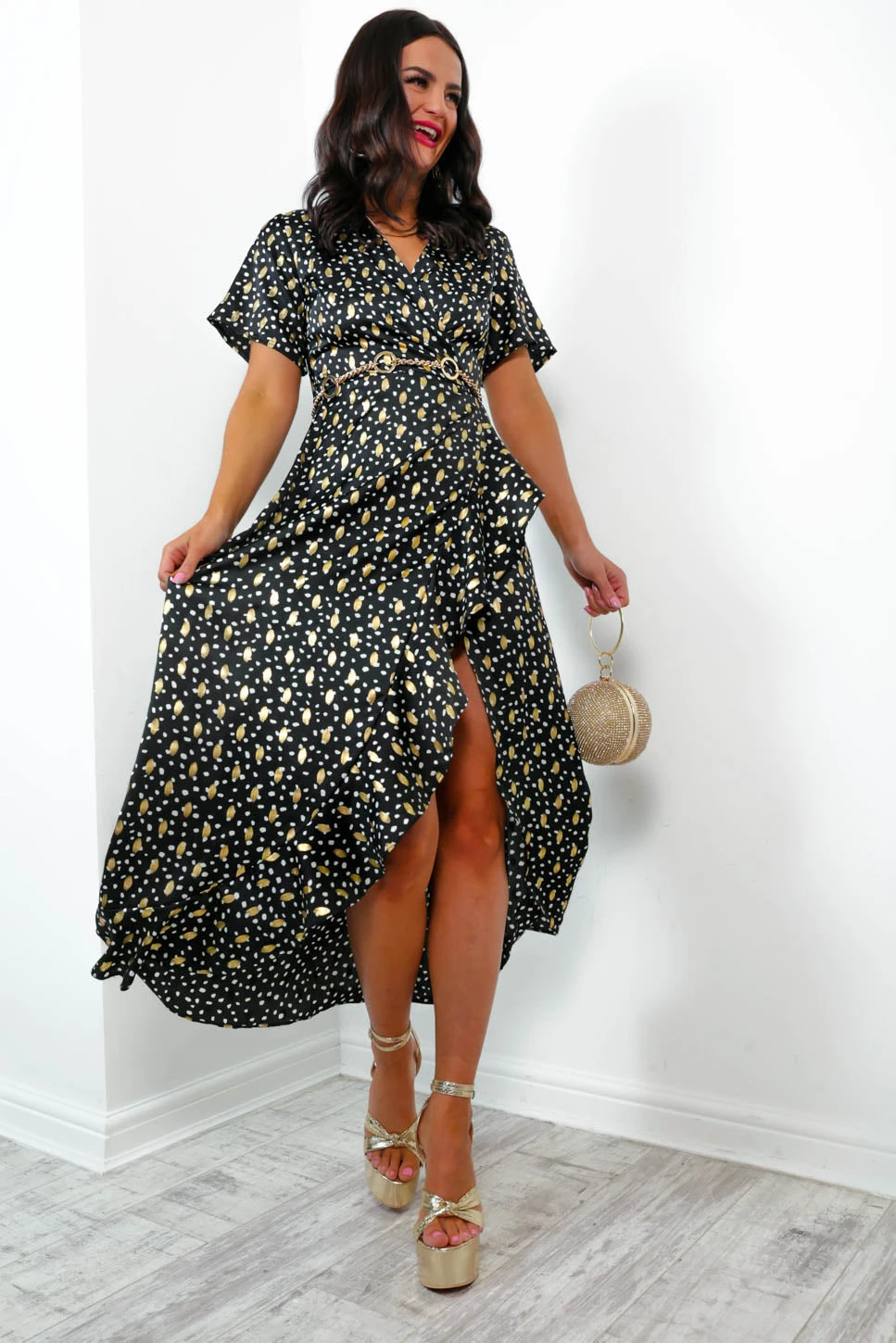 Out Your League - Black Gold Frill Midi Dress - Image 6