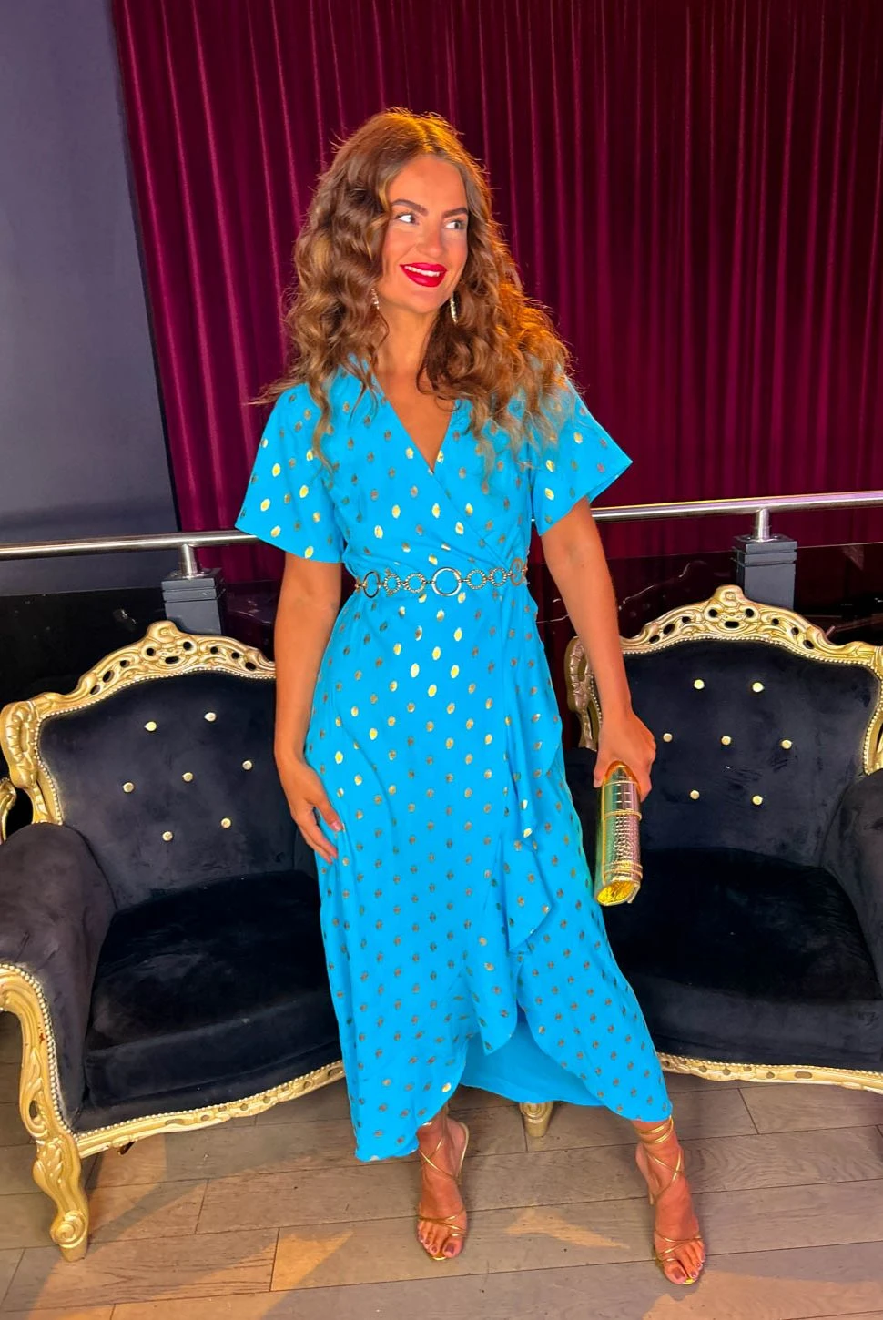 Out Your League - Turquoise Gold Foil Spot Midi Dress - Image 2