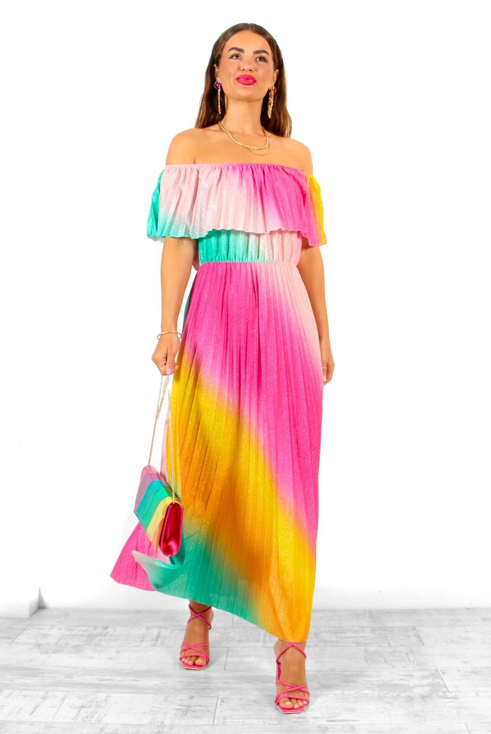 Pleat About Me - Multi Ombre Lurex Pleated Bardot Maxi Dress - Image 7