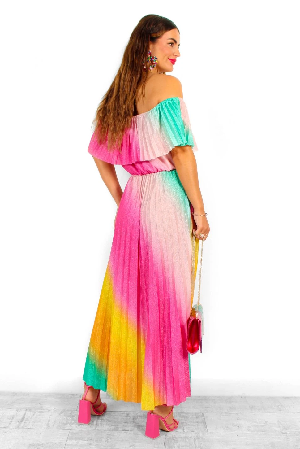 Pleat About Me - Multi Ombre Lurex Pleated Bardot Maxi Dress - Image 9