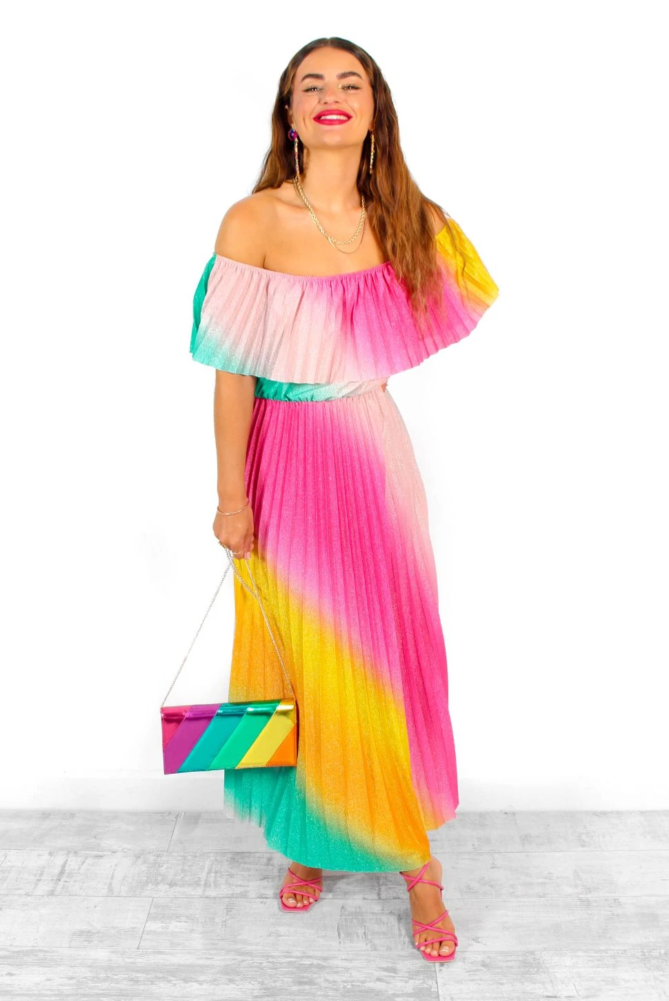 Pleat About Me - Multi Ombre Lurex Pleated Bardot Maxi Dress - Image 11