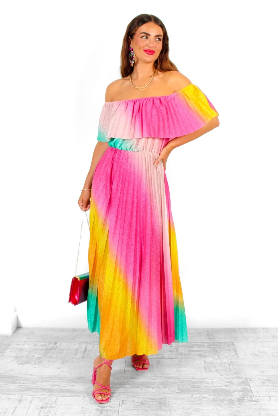 Pleat About Me - Multi Ombre Lurex Pleated Bardot Maxi Dress - Image 2