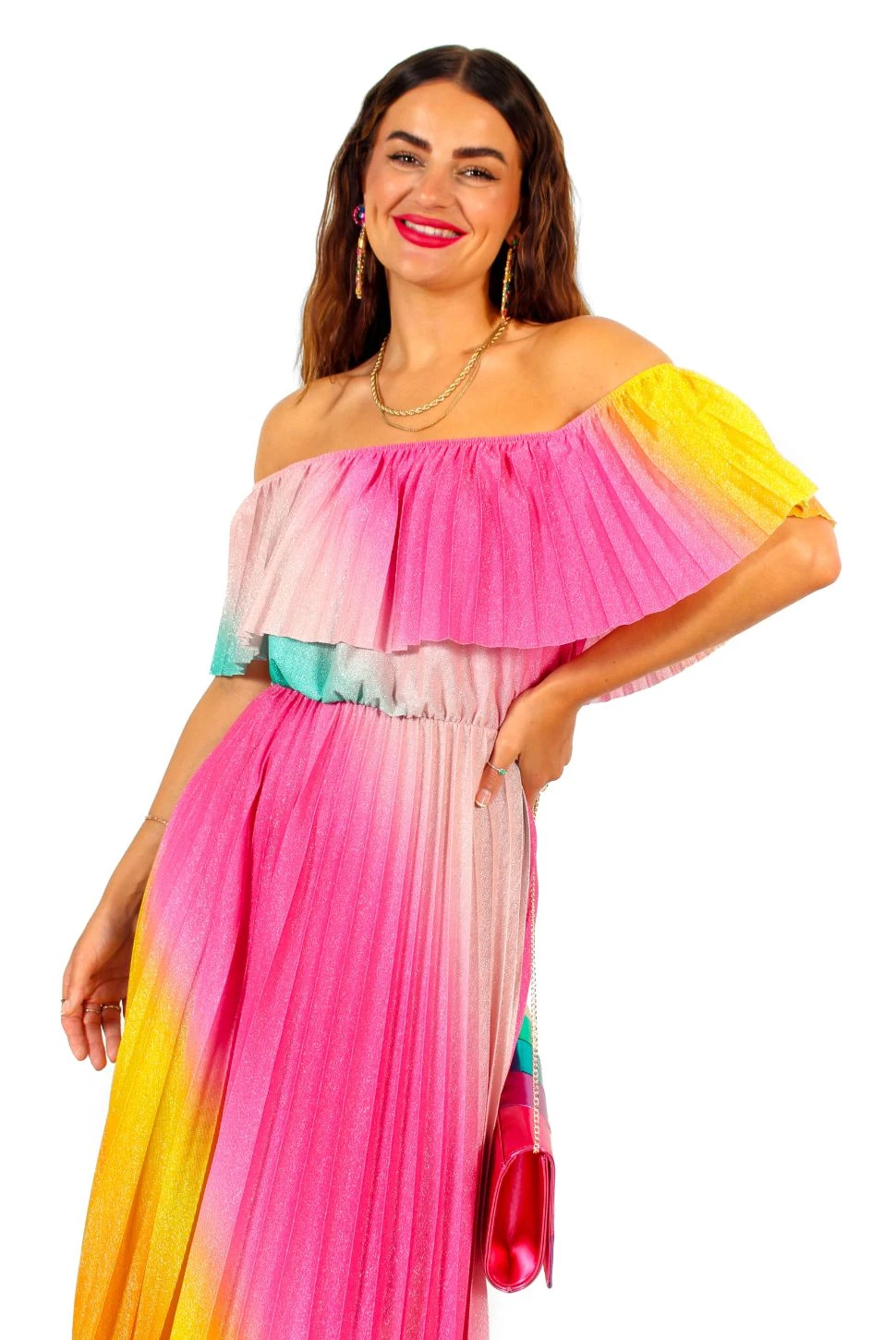 Pleat About Me - Multi Ombre Lurex Pleated Bardot Maxi Dress - Image 5