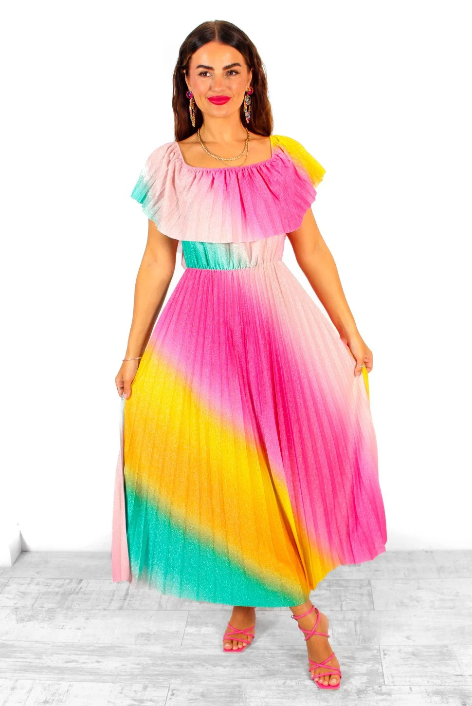 Pleat About Me - Multi Ombre Lurex Pleated Bardot Maxi Dress - Image 8