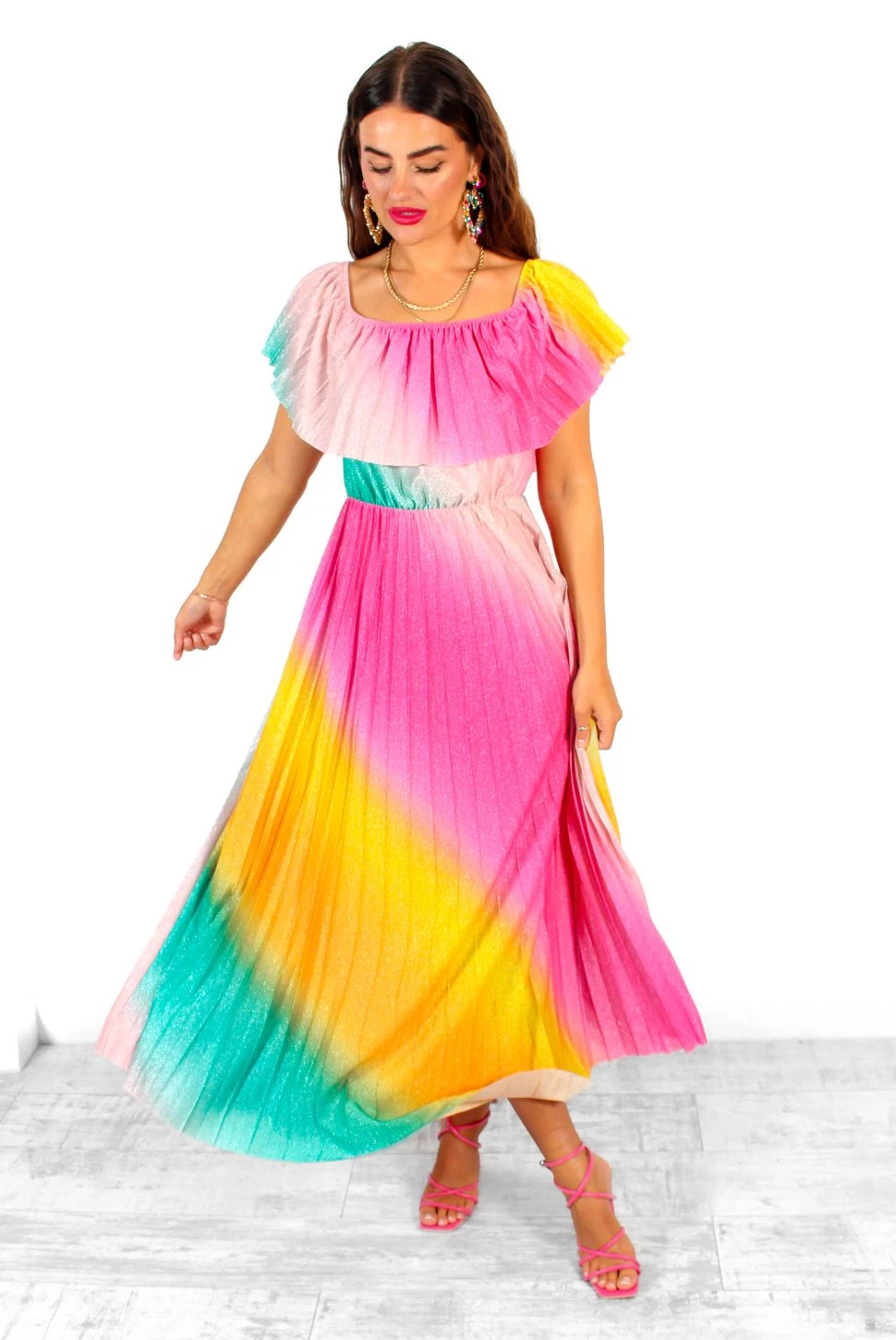 Pleat About Me - Multi Ombre Lurex Pleated Bardot Maxi Dress - Image 10