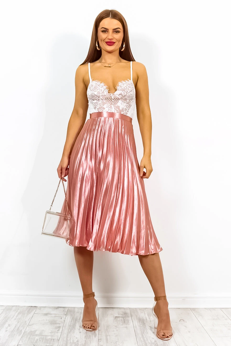 Shes A Runaway - Pink Shimmer Pleated Midi Skirt - Image 4