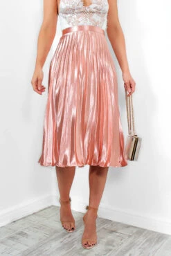 Shes A Runaway - Pink Shimmer Pleated Midi Skirt