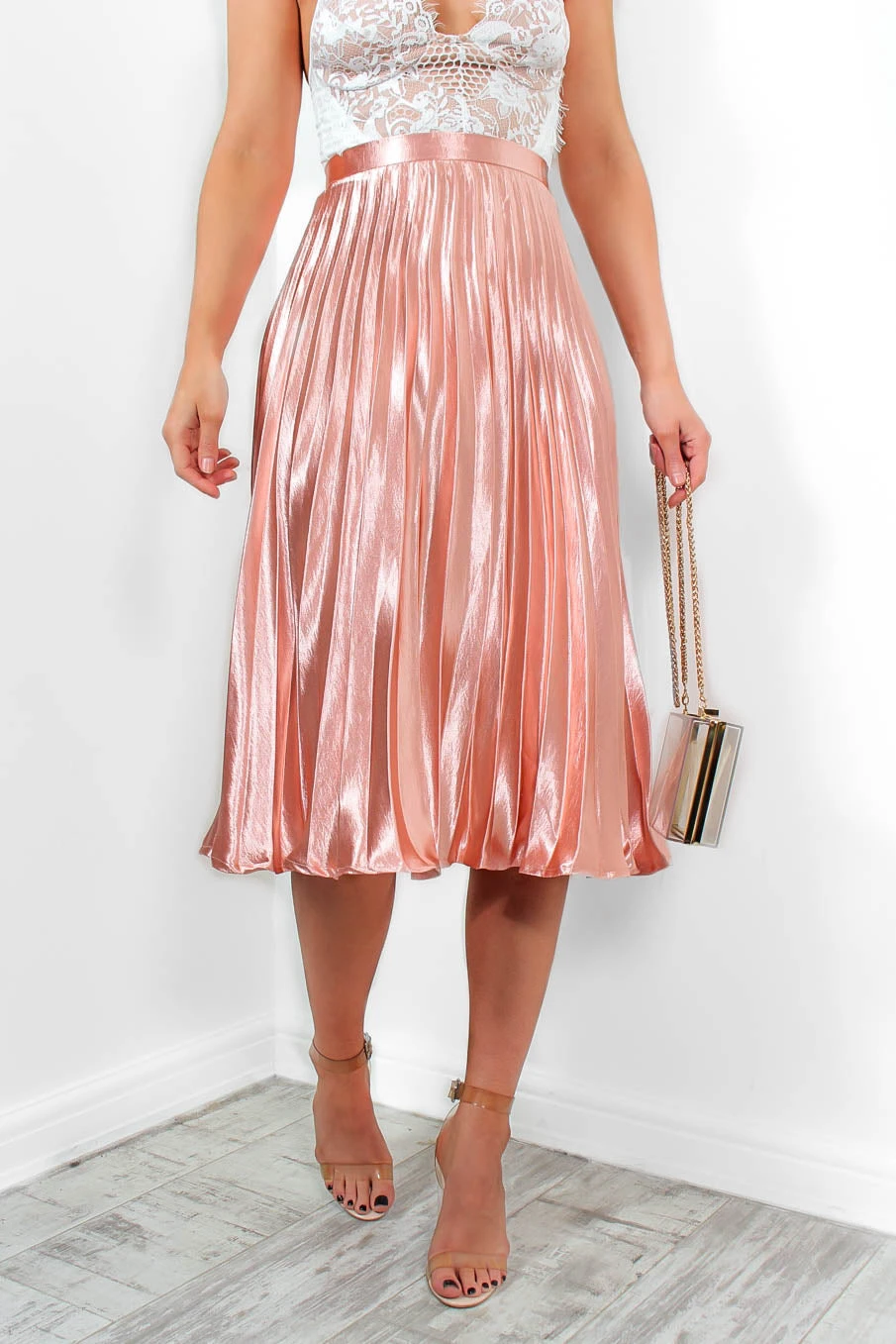 Shes A Runaway - Pink Shimmer Pleated Midi Skirt