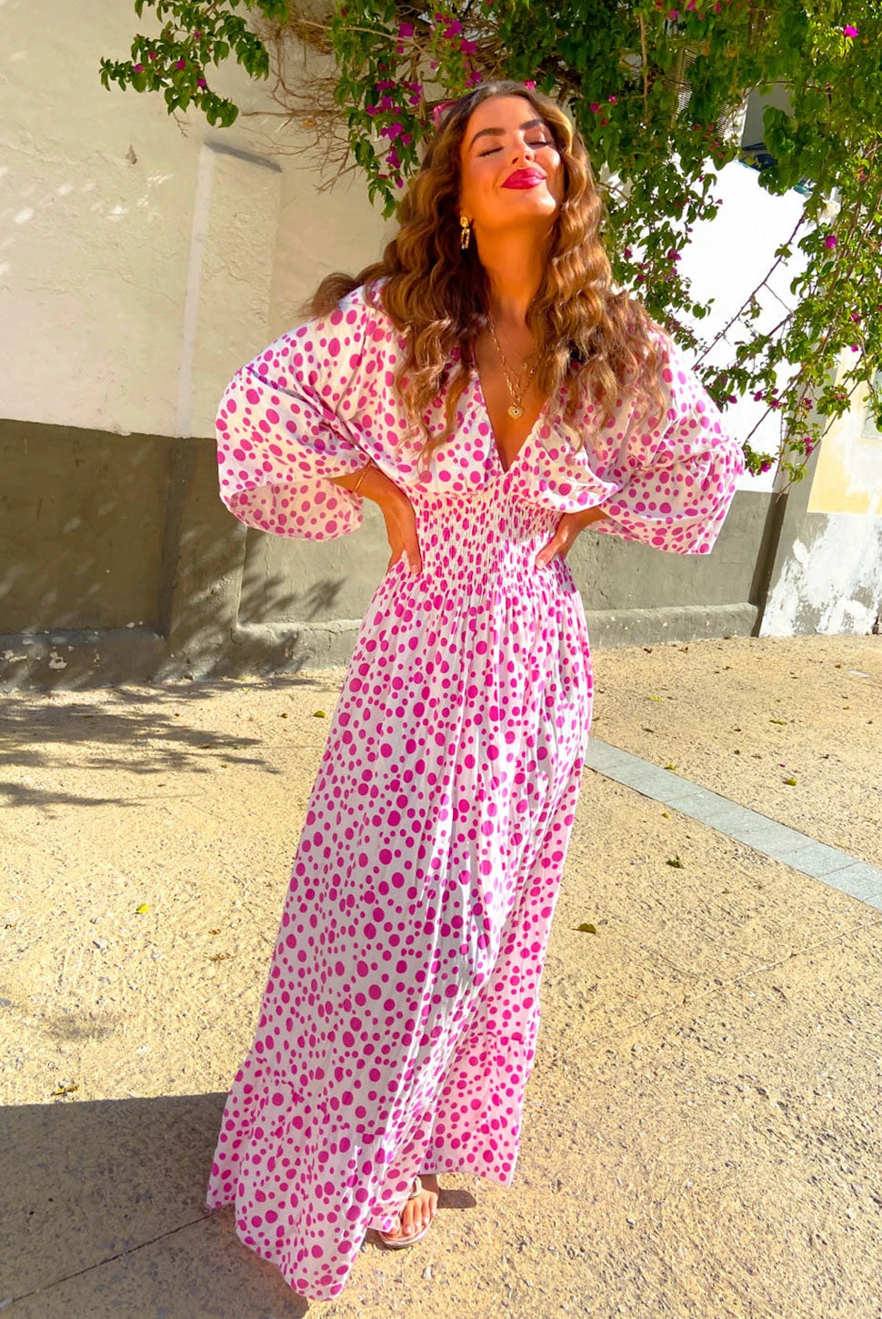 Shirred Time Lucky - White Pink Spot Shirred Waist Maxi Dress