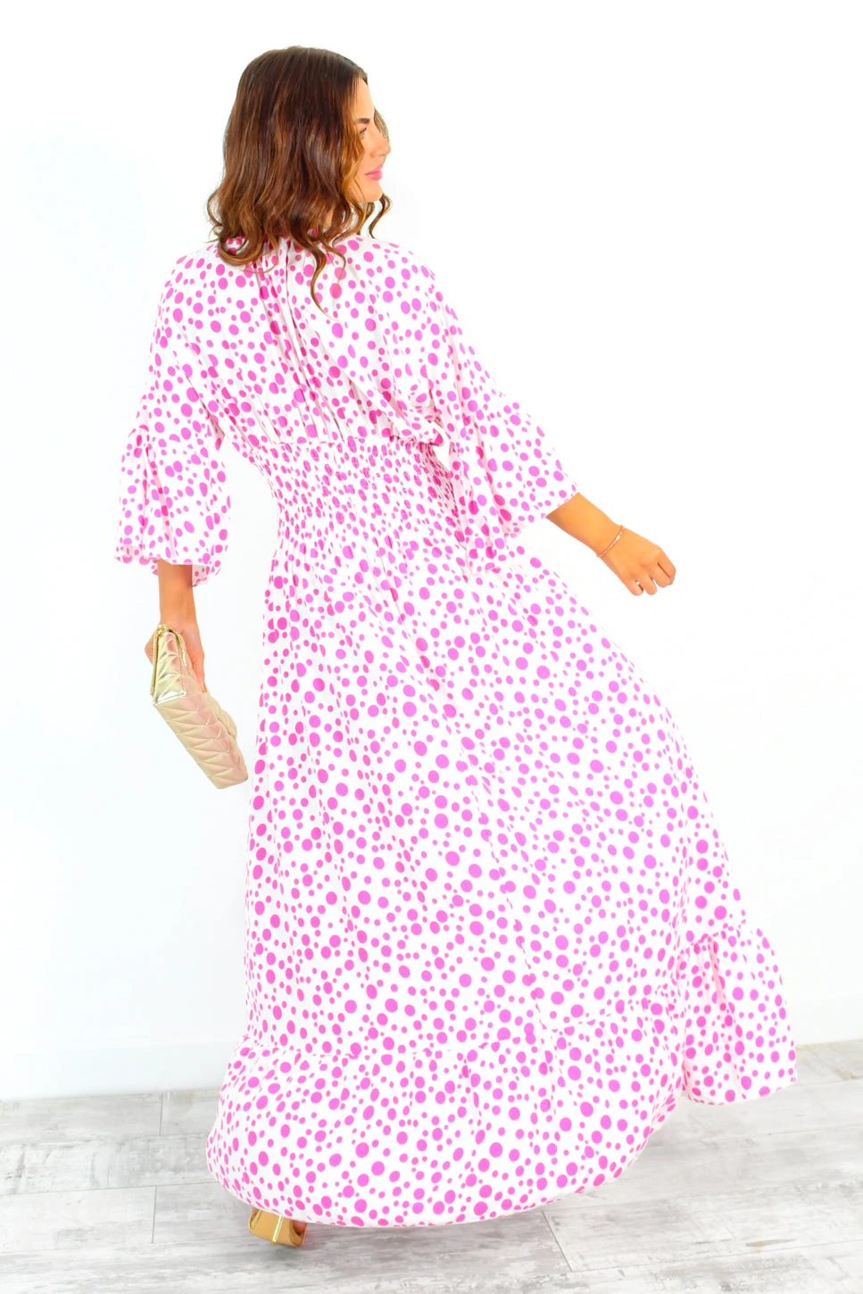 Shirred Time Lucky - White Pink Spot Shirred Waist Maxi Dress - Image 7