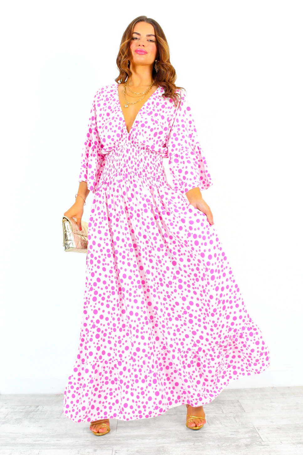 Shirred Time Lucky - White Pink Spot Shirred Waist Maxi Dress - Image 6
