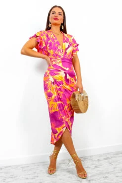 Simple And Elegant - Magenta Angel Sleeve Midi Dress