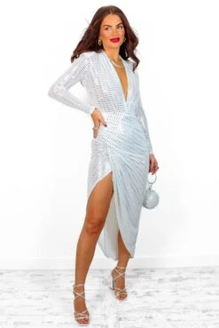 Simple And Elegant - White Silver Sequin Bodycon Midi Dress