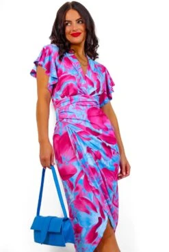 Simple And Elegant - Pink Blue Angel Sleeve Midi Dress