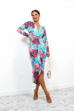 Simple And Elegant - Turquoise Multi Floral Midi Dress