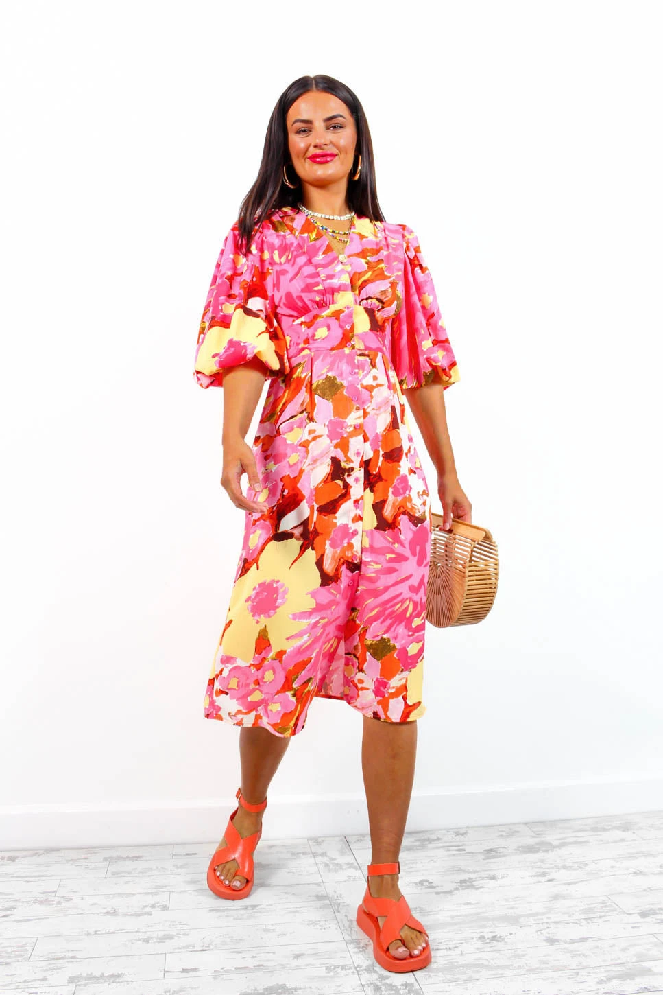 Sleeve You Behind - Pink Yellow Floral Midi Dress - Image 5