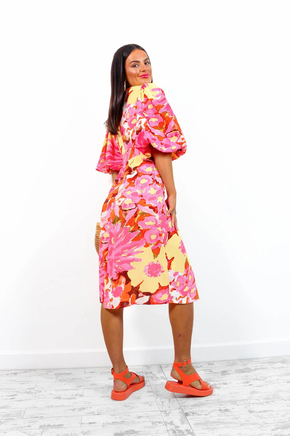 Sleeve You Behind - Pink Yellow Floral Midi Dress - Image 4