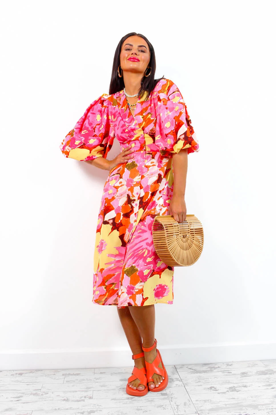 Sleeve You Behind - Pink Yellow Floral Midi Dress