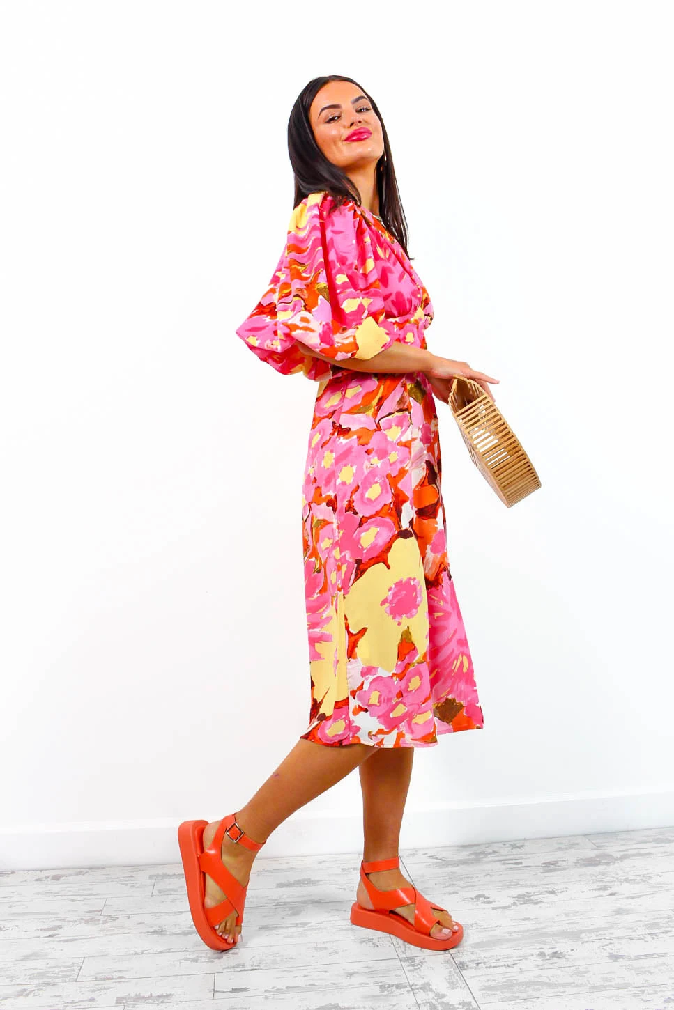 Sleeve You Behind - Pink Yellow Floral Midi Dress - Image 2