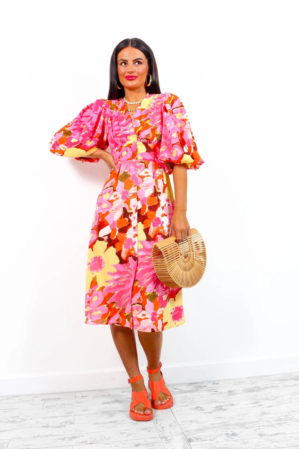 Sleeve You Behind - Pink Yellow Floral Midi Dress - Image 3