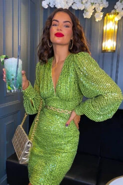 So Sensational - Green Sequin Long Sleeve Mini Dress
