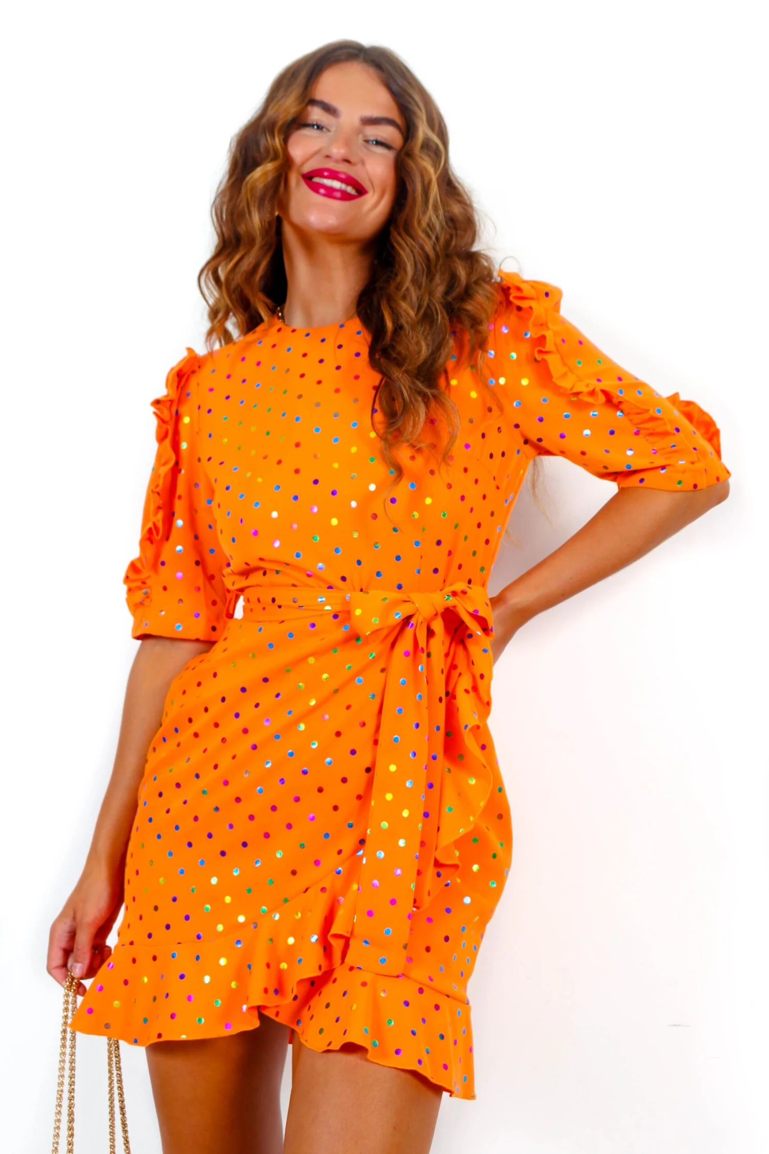 So Frilling - Orange Multi Spot Frilled Mini Dress - Image 2
