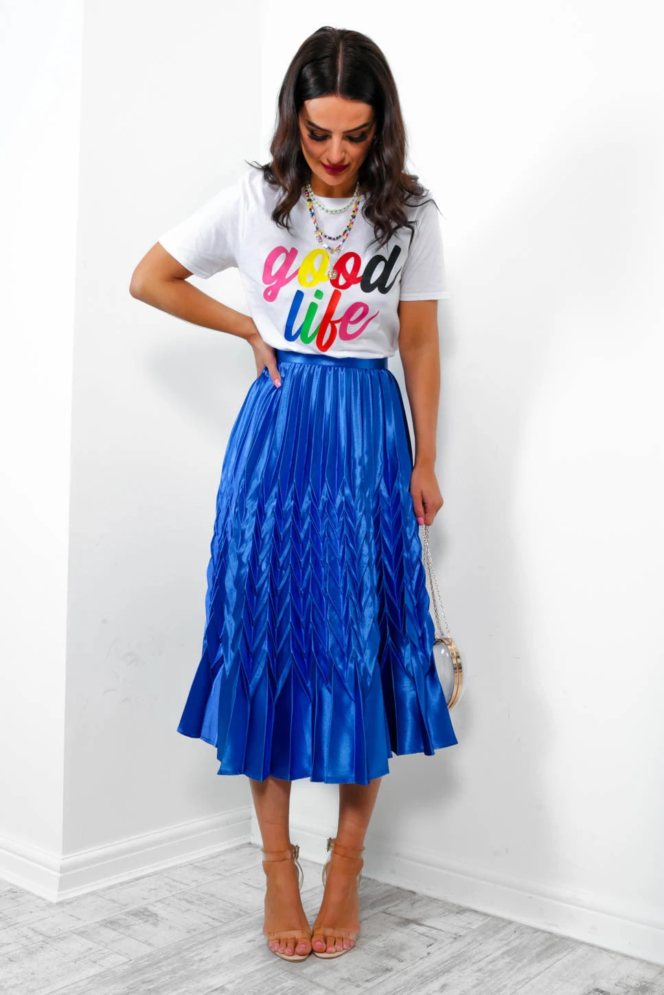 So Marilyn - Cobalt Chevron Pleated Midi Skirt