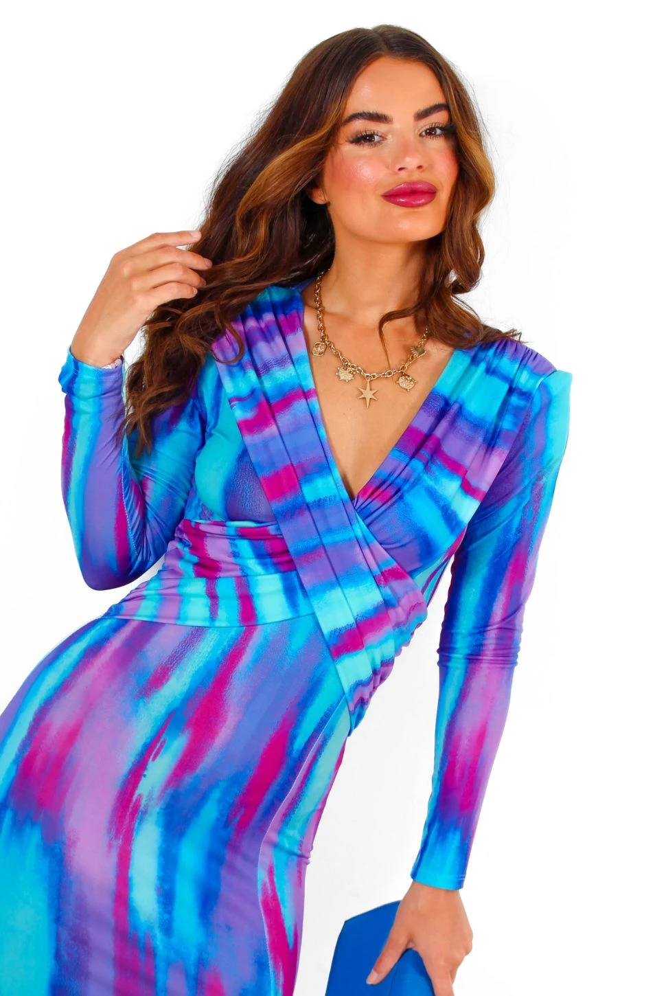 Something Special - Blue Purple Abstract Plunge Midi Dress - Image 5