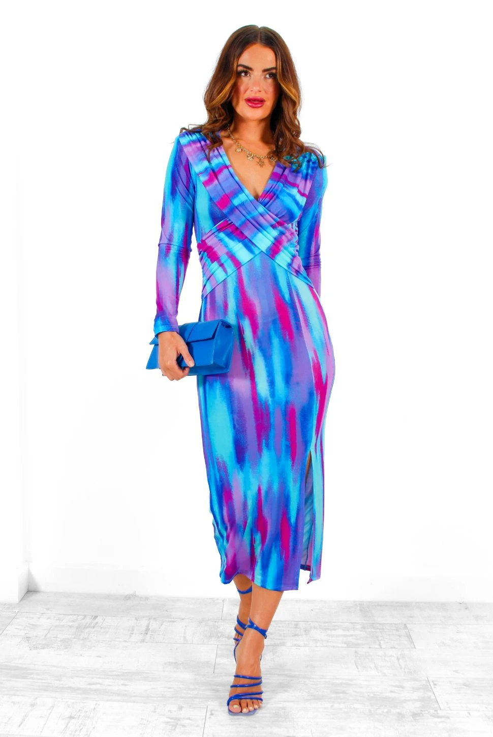 Something Special - Blue Purple Abstract Plunge Midi Dress - Image 3