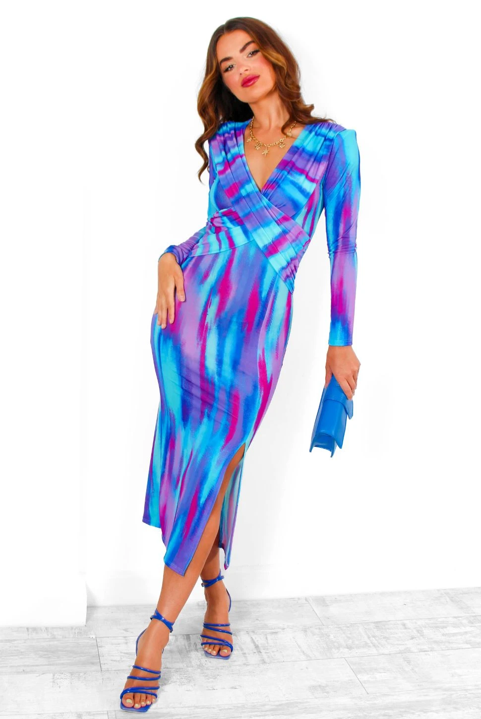 Something Special - Blue Purple Abstract Plunge Midi Dress - Image 2