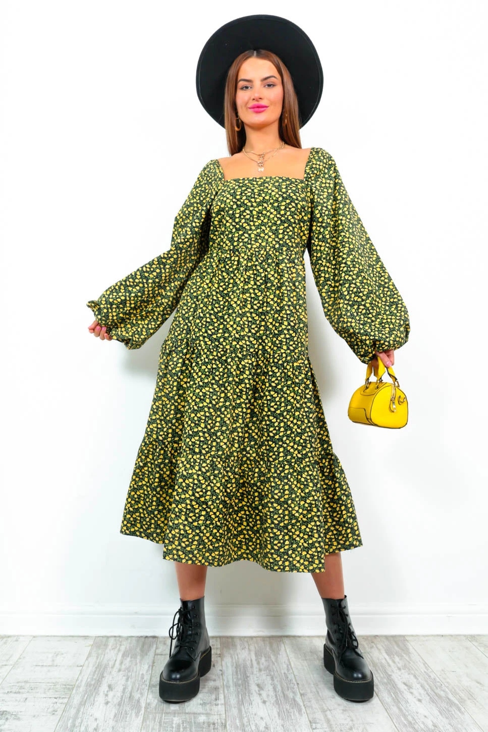 Spring Fling - Black Yellow Floral Print Midi Dress - Image 4