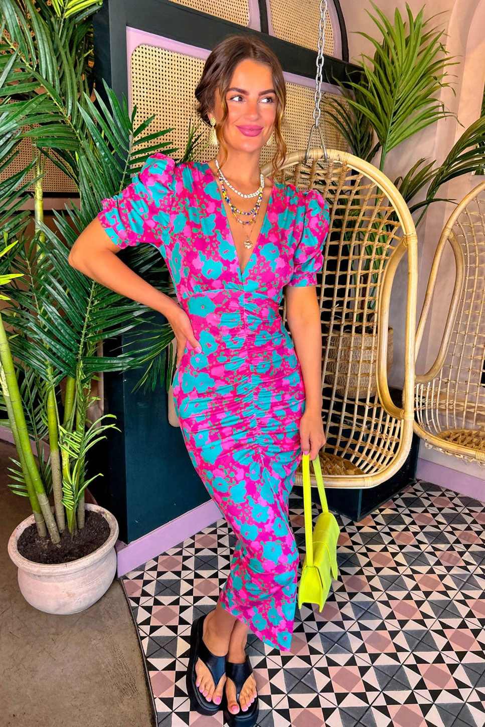 Stay A While - Green Pink Floral Short Sleeved Midi Dress