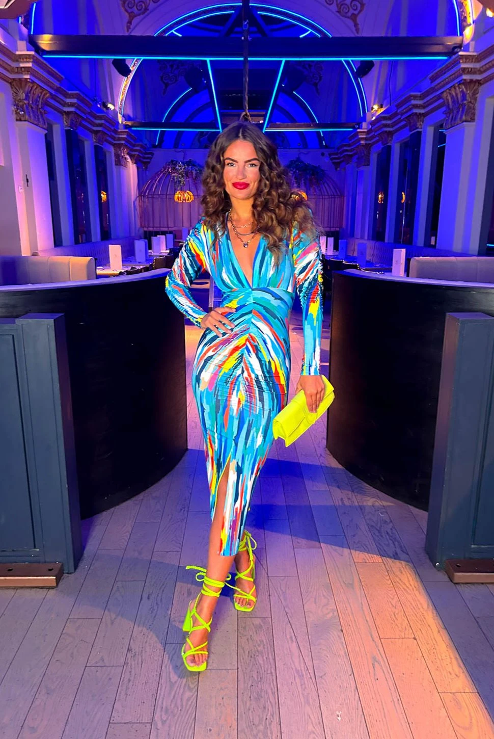 Stay A While - Blue Multi Abstract Print Ruched Midi Dress - Image 5