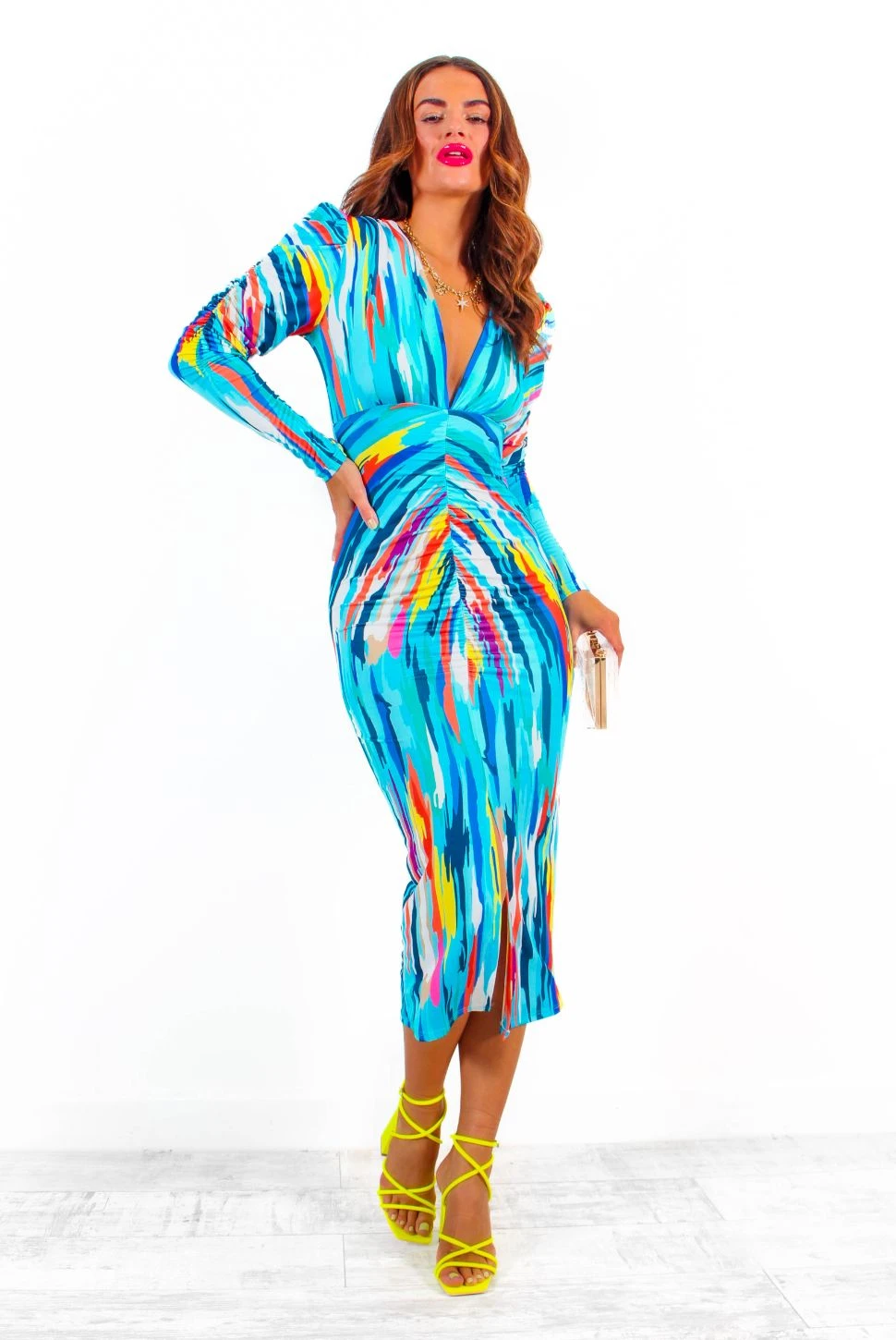 Stay A While - Blue Multi Abstract Print Ruched Midi Dress - Image 2