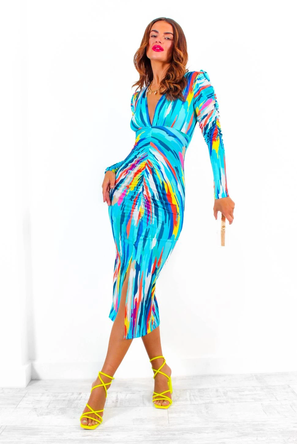 Stay A While - Blue Multi Abstract Print Ruched Midi Dress - Image 6