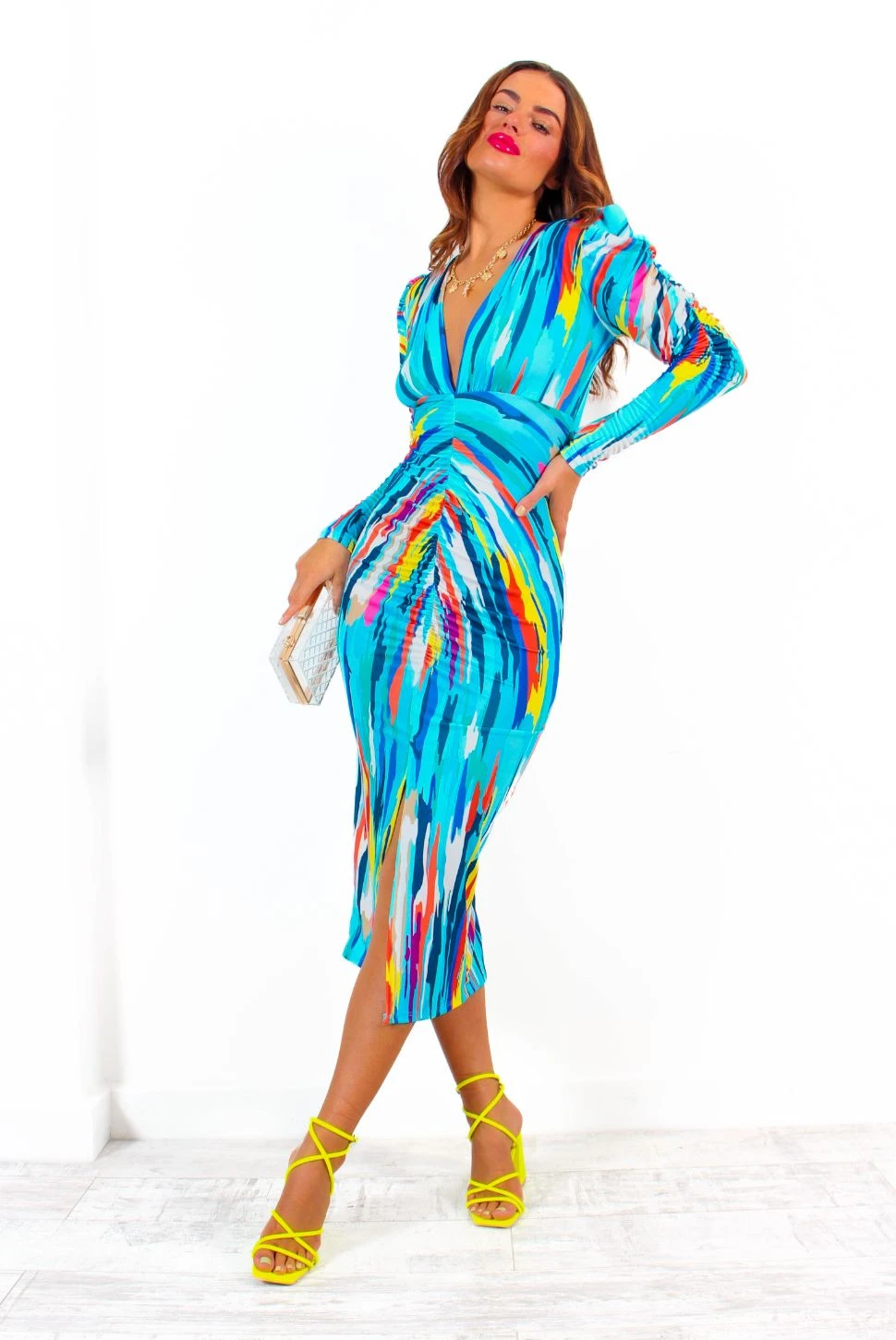 Stay A While - Blue Multi Abstract Print Ruched Midi Dress - Image 4