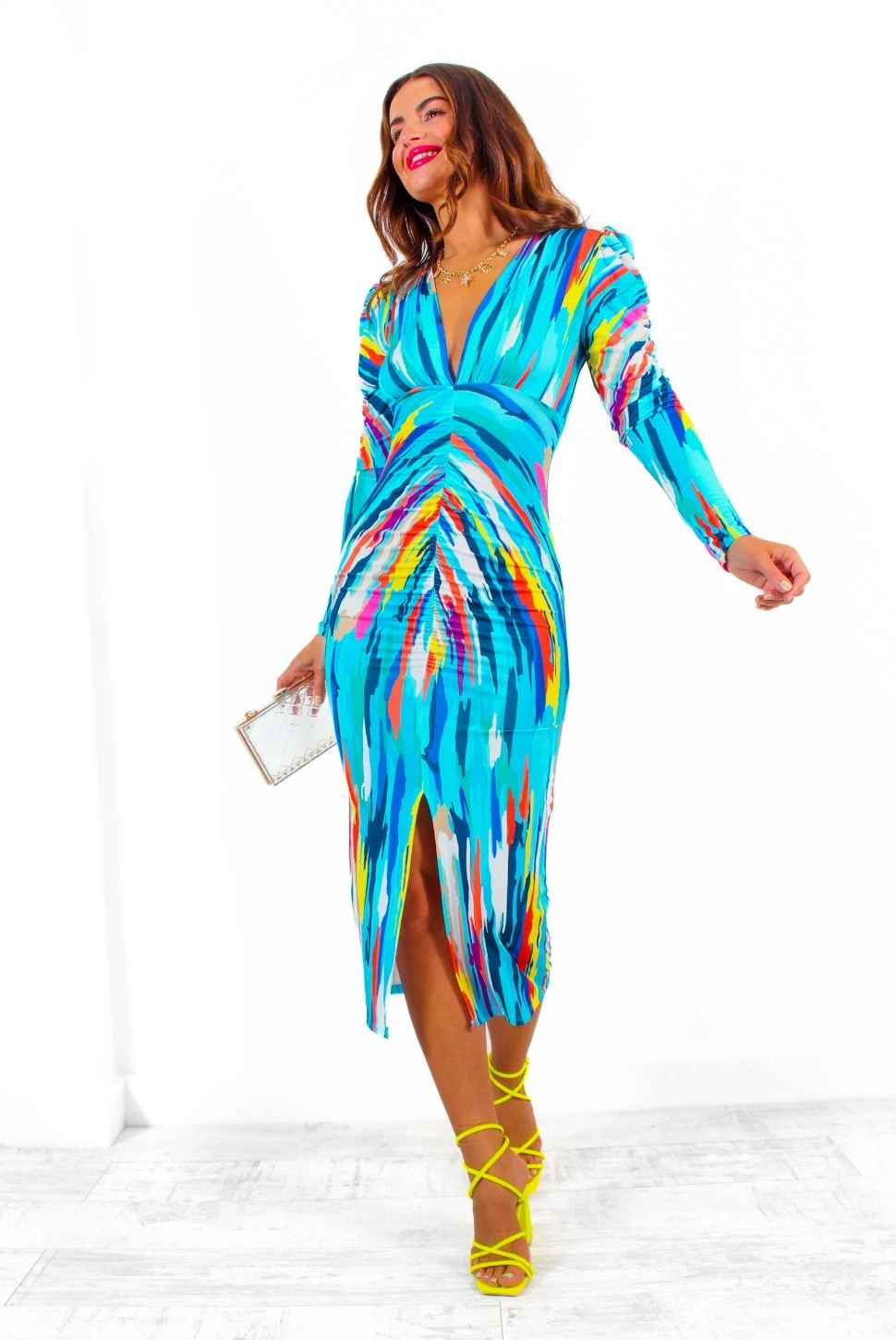 Stay A While - Blue Multi Abstract Print Ruched Midi Dress - Image 7
