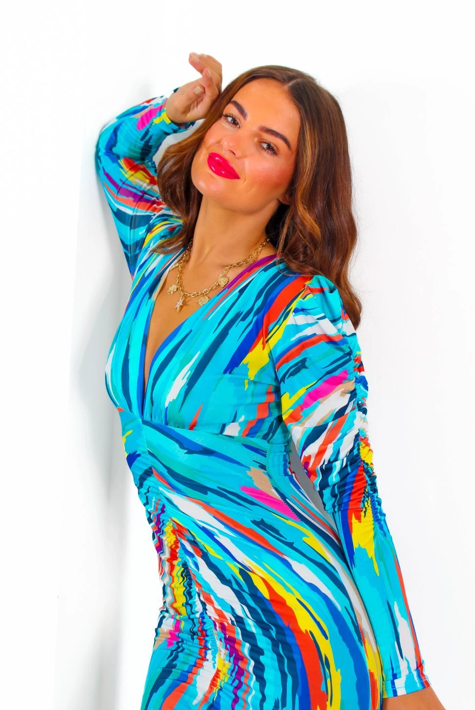 Stay A While - Blue Multi Abstract Print Ruched Midi Dress - Image 8