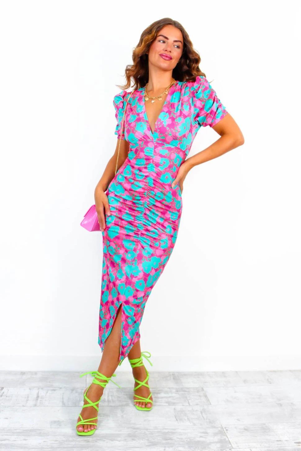 Stay A While - Green Pink Floral Short Sleeved Midi Dress - Image 3