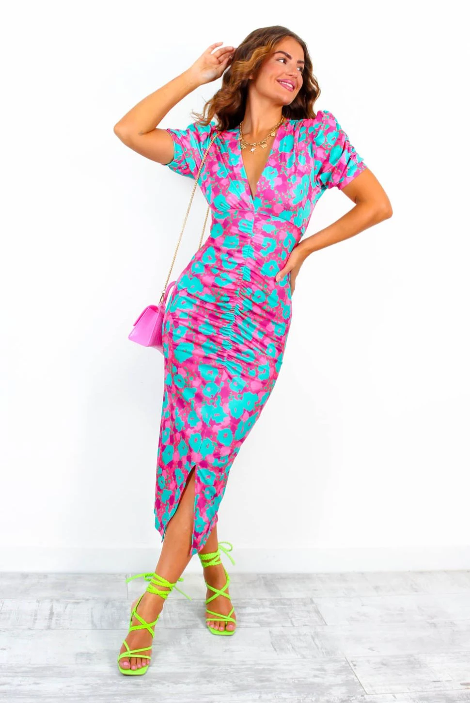 Stay A While - Green Pink Floral Short Sleeved Midi Dress - Image 6