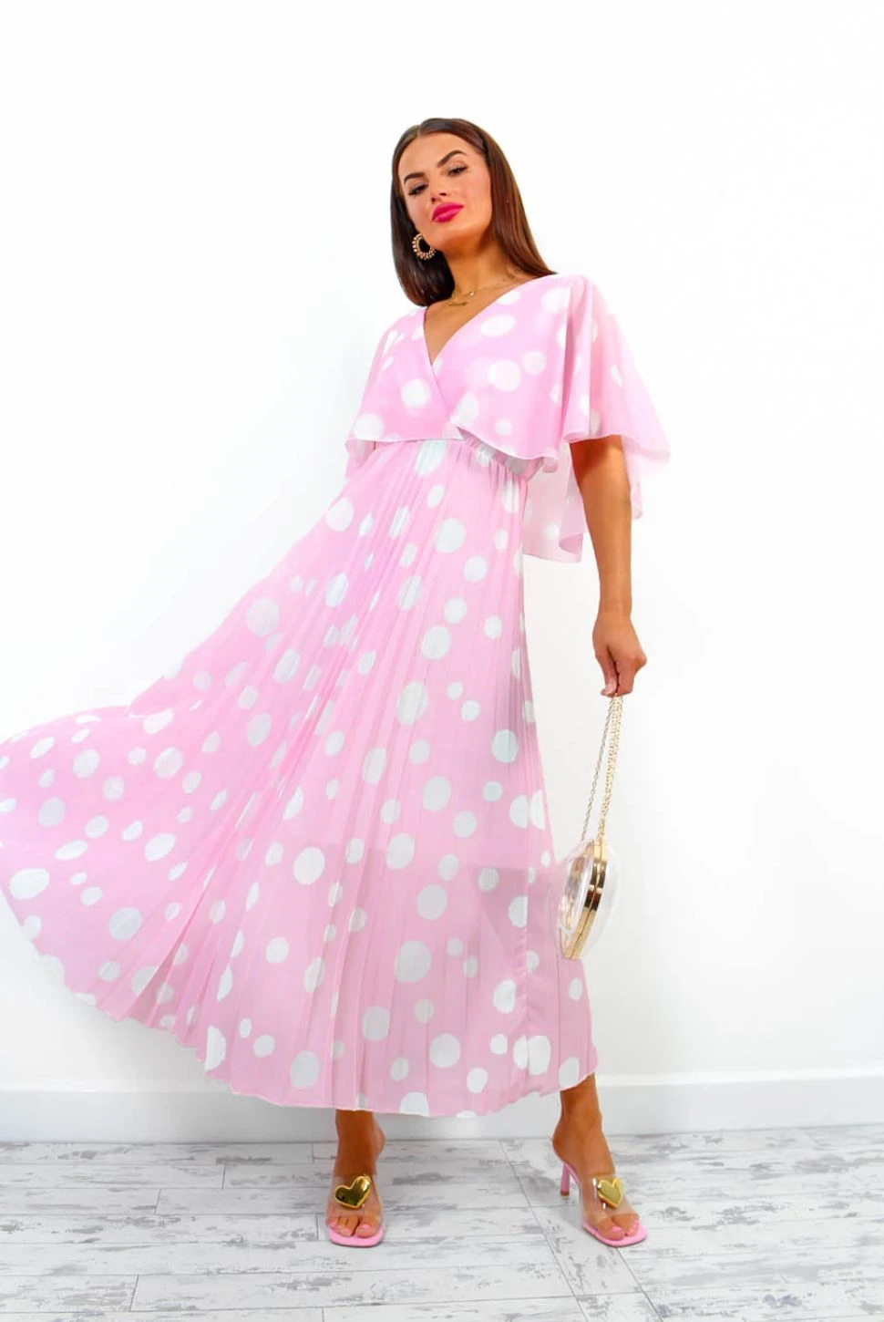 Timeless - Baby Pink Polka Dot Pleated Maxi Dress - Image 4