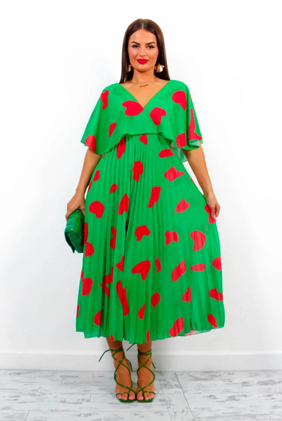 Timeless - Green Red Printed Pleated Maxi Dress - Image 7