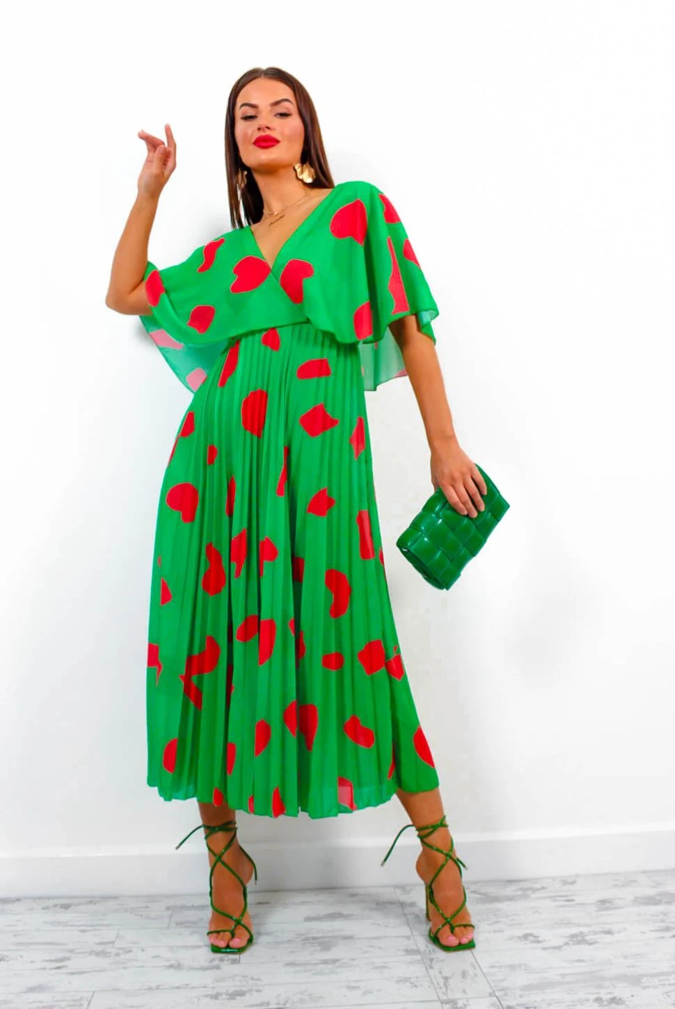 Timeless - Green Red Printed Pleated Maxi Dress - Image 3