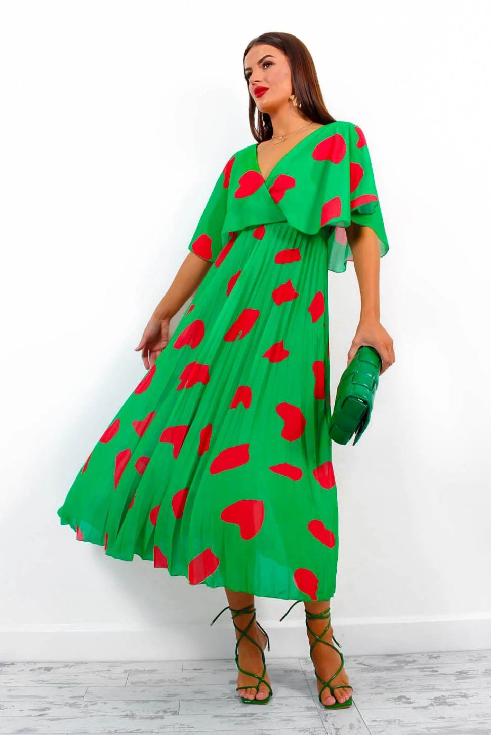 Timeless - Green Red Printed Pleated Maxi Dress - Image 6