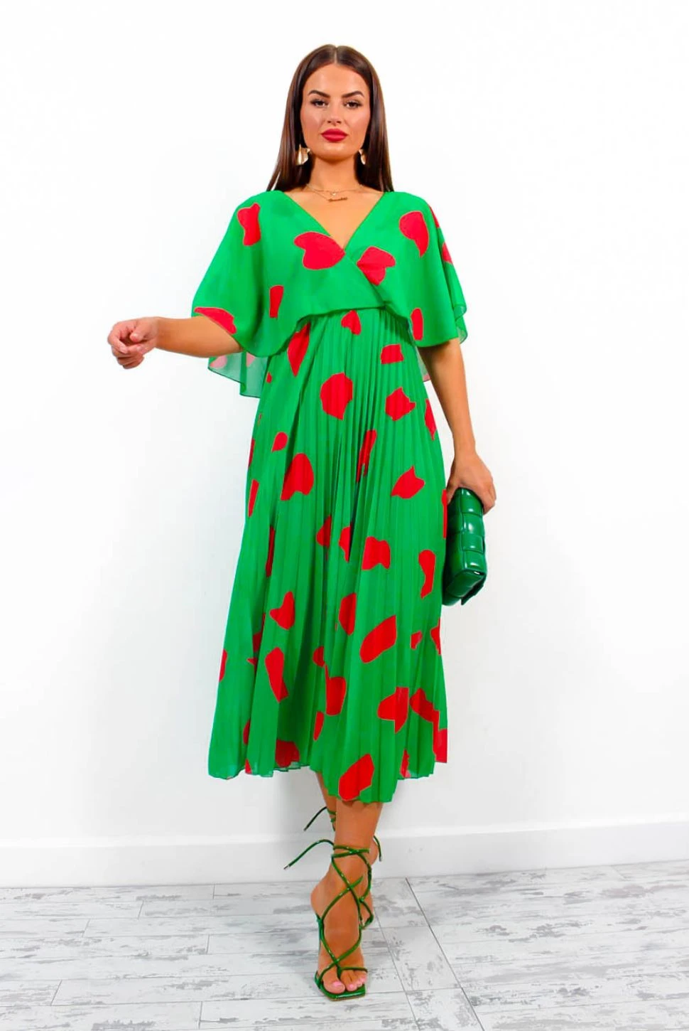 Timeless - Green Red Printed Pleated Maxi Dress - Image 2