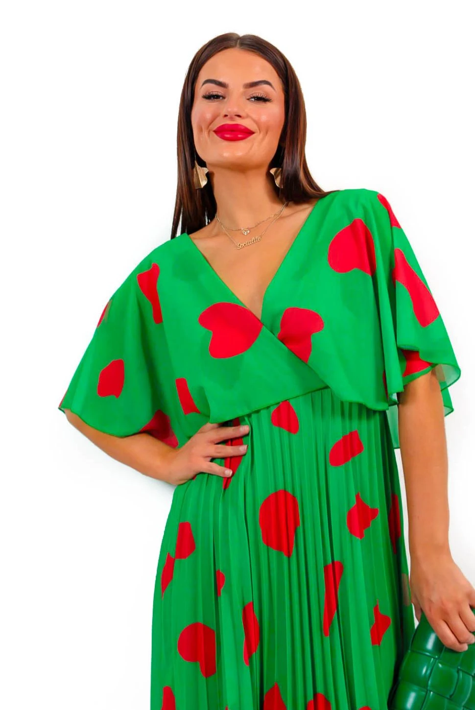 Timeless - Green Red Printed Pleated Maxi Dress - Image 5