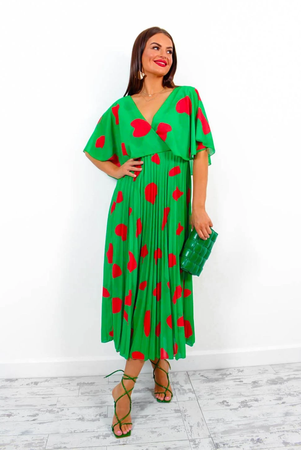 Timeless - Green Red Printed Pleated Maxi Dress - Image 4