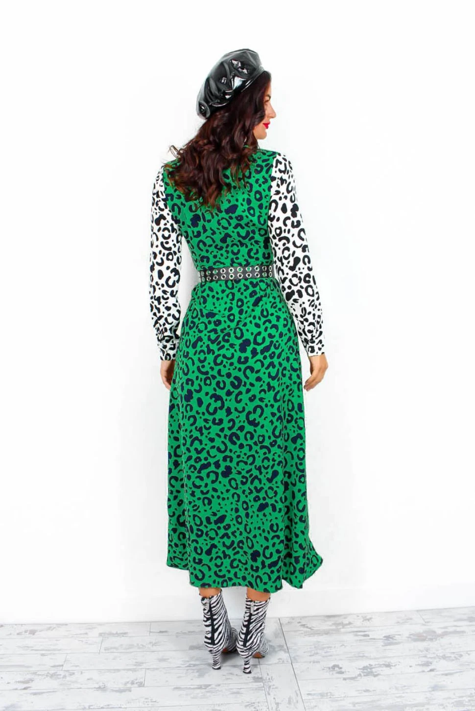 Two Timer - Green White Leopard Print Midi Dress - Image 5