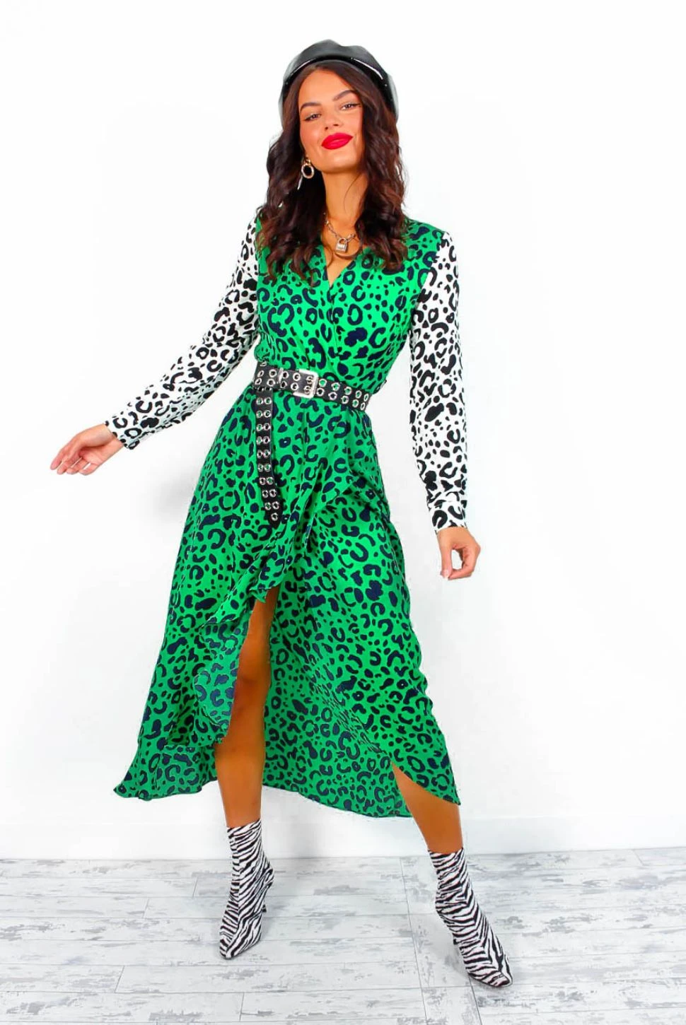 Two Timer - Green White Leopard Print Midi Dress - Image 3