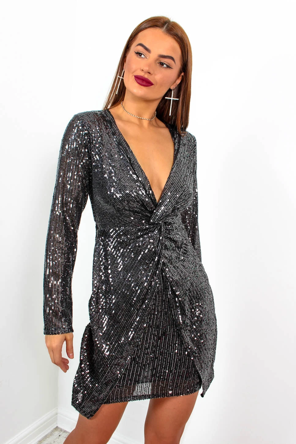VIP List - Pewter Sequin Deep V-Neck Mini Dress - Image 4